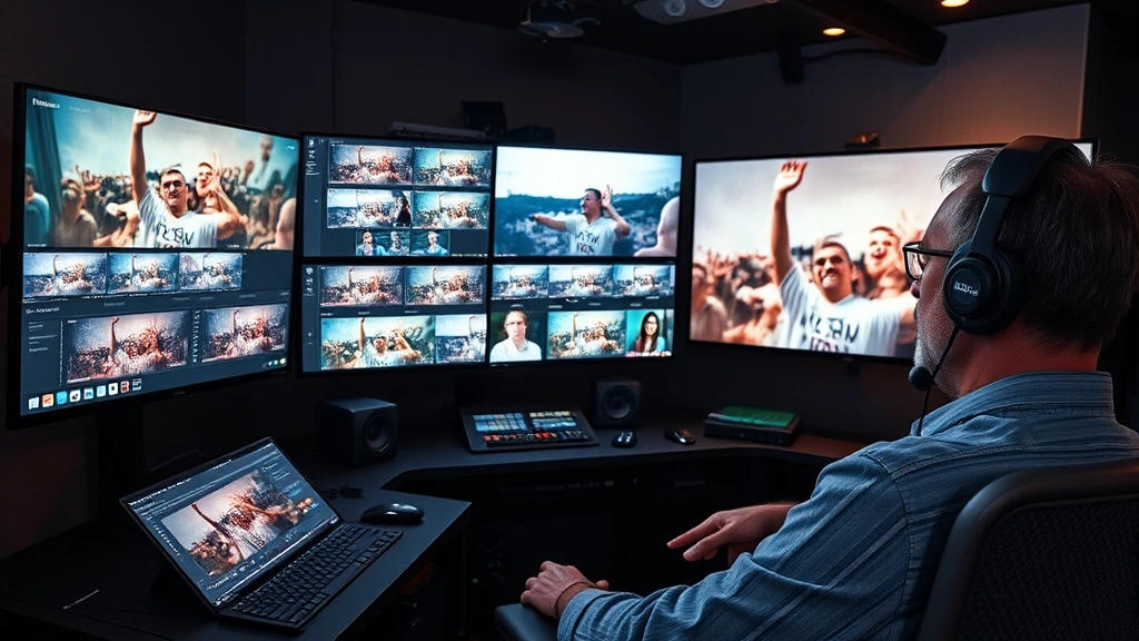 Film editing suite with multiple displays showing color graded footage, editor working with professional editing software interface, sophisticated color correction environment, photorealistic