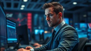 Professional male trader in business attire looking stressed at computer terminals in modern financial trading floor with multiple monitors and dim blue lighting, photorealistic contemporary setting