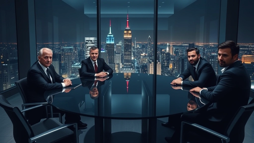 Group of executives in dark suits sitting around glass conference table in minimalist corporate office with floor-to-ceiling windows overlooking city skyline at night, serious expressions