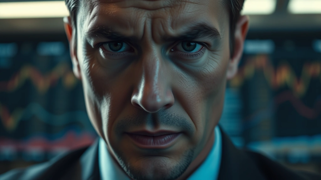 Close-up of male professional's face showing anxiety and moral conflict, subtle dramatic lighting, blurred office background with financial data screens, contemplative expression