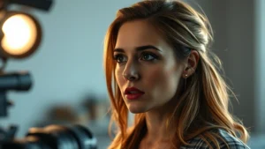 Professional actress in character during dramatic scene, intense emotional performance, film production lighting, close-up facial expression showing vulnerability and psychological depth, contemporary drama setting