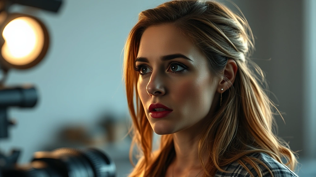 Professional actress in character during dramatic scene, intense emotional performance, film production lighting, close-up facial expression showing vulnerability and psychological depth, contemporary drama setting