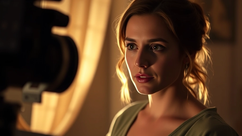 Actress in dramatic lighting during intimate scene, professional film production quality, emotional character moment, contemporary cinematography style, theatrical intensity captured in frame