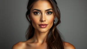 Professional headshot of Latina actress in dramatic lighting, sophisticated makeup, contemporary styled hair, neutral background, confident expression, film industry professional photography