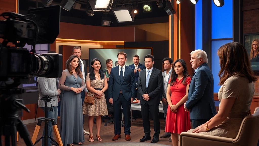 Television studio production scene with diverse cast members in dramatic scene, professional lighting setup, emotional moment captured, contemporary TV show aesthetic, high production quality