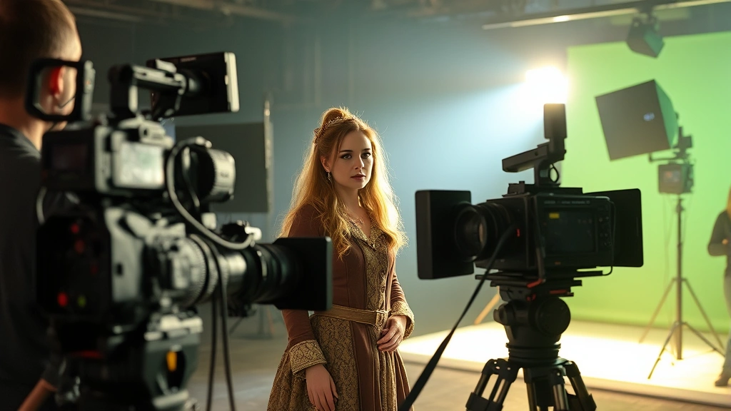 Film production set with cameras and professional equipment, actress in character costume, cinematic lighting, behind-the-scenes atmosphere, modern filmmaking technology visible