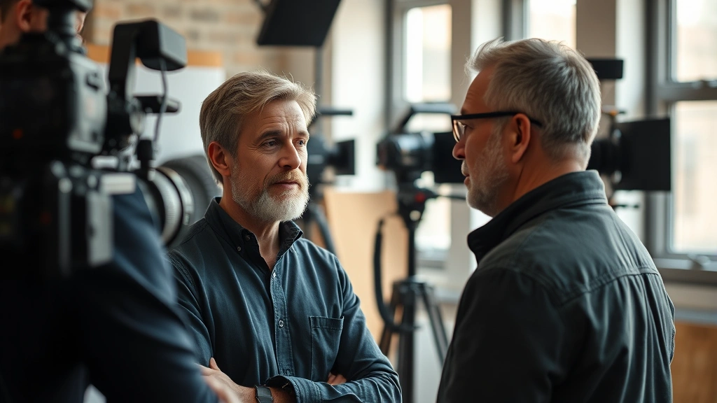 Film production set showing mature male actor in conversation with director, creative collaboration moment, professional cinematography setup in background, soft natural lighting