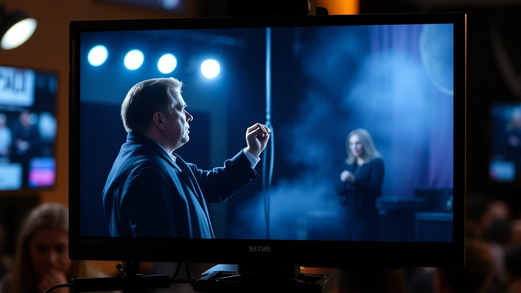 Television production monitor displaying dramatic scene with accomplished performer, broadcast quality visual, professional studio environment, artistic intensity captured in composition