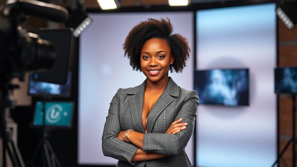 Young Black female television performer in professional studio setting, confident pose, modern lighting, contemporary entertainment industry aesthetic, professional wardrobe, engaging directly with camera