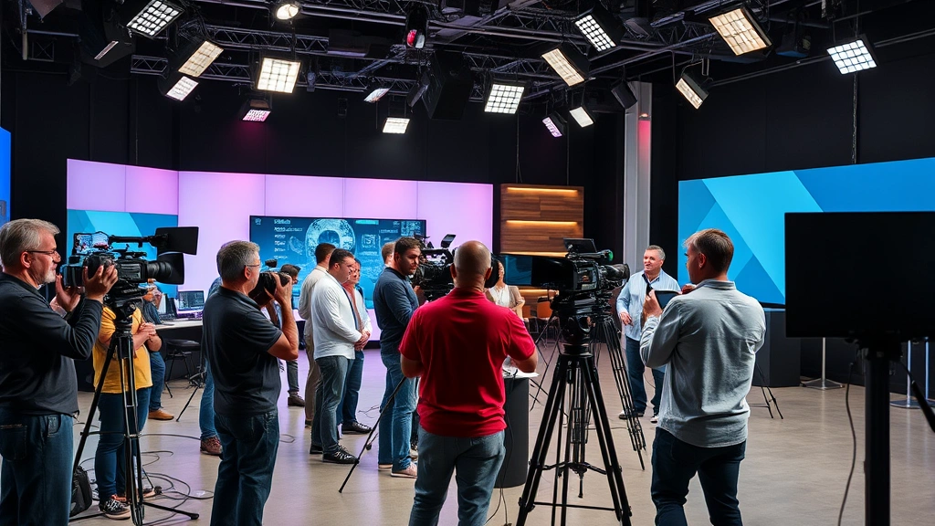 Television production set with diverse crew members collaborating, cameras and professional equipment visible, creative environment atmosphere, contemporary broadcast studio setup, people working together on major production