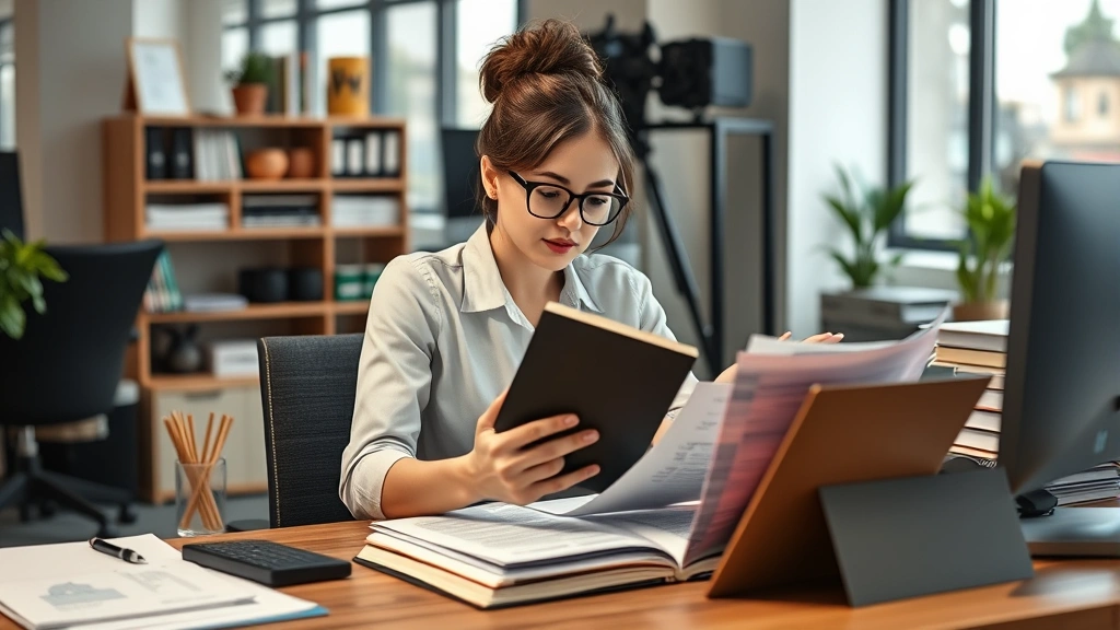 Entertainment industry professional woman reviewing scripts at desk, surrounded by creative materials and industry resources, modern office environment, focused concentration, contemporary entertainment business setting