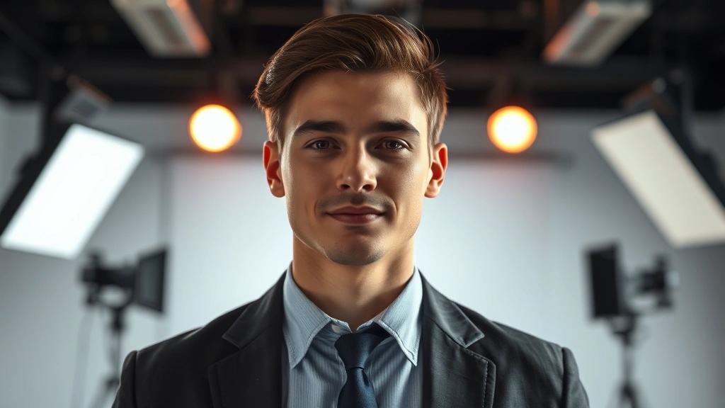 Young male actor in professional headshot lighting, modern film production studio backdrop, professional attire, confident expression, contemporary cinematography style, shallow depth of field