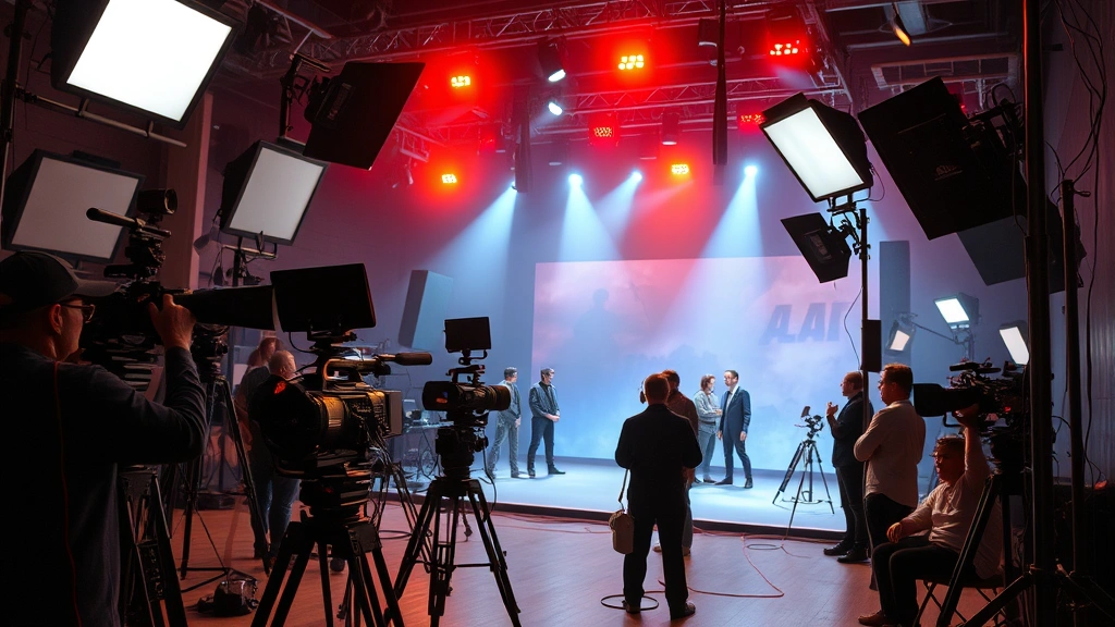 Film set production scene with cameras, lighting rigs, and crew members working on dramatic scene, professional movie production environment, vibrant set lighting, dynamic composition showing filmmaking process