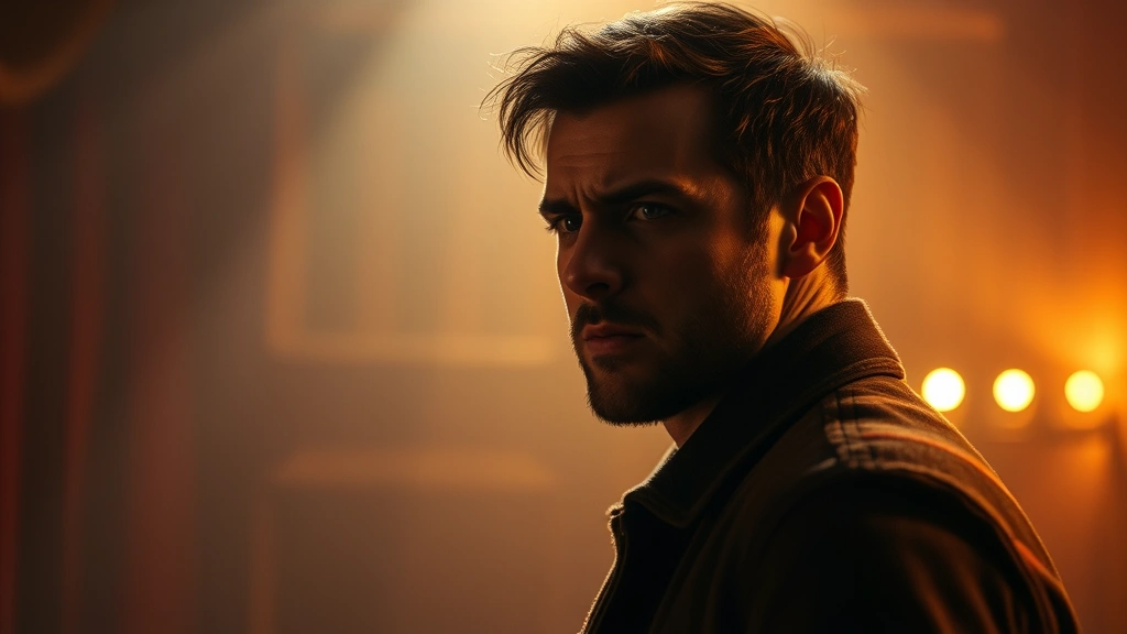 Actor in dramatic emotional scene, intimate character moment captured in warm theatrical lighting, expressive performance, cinematic composition with blurred background suggesting film production quality