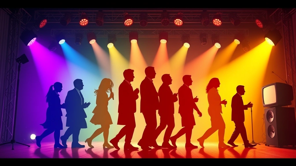 A digital collage representing British comedy evolution featuring colorful character silhouettes, stage lights, and television screens in warm tones, photorealistic digital media aesthetic