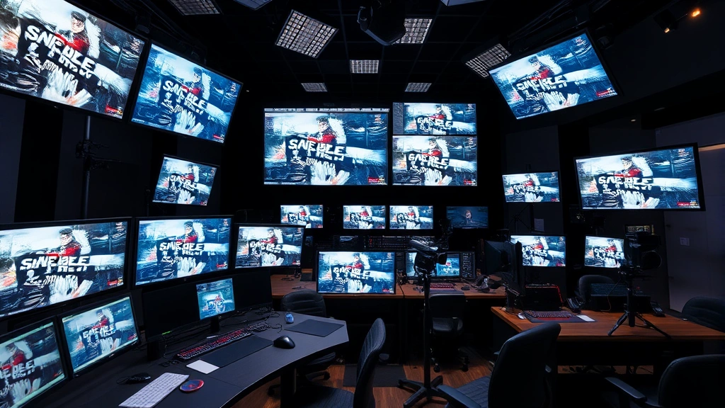 Modern television production control room with multiple monitors displaying different content, production equipment, and creative workspace environment, cinematic lighting