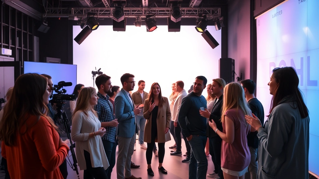 Entertainment industry networking scene with diverse performers and creative professionals in contemporary studio setting, digital media production atmosphere, professional lighting