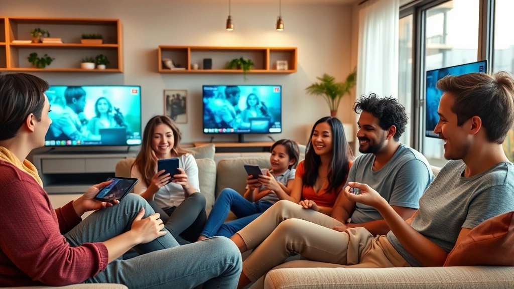 Diverse group of people in modern living spaces watching films on various devices including tablets and smart TVs, engaged expressions, natural lighting, contemporary interior design, photorealistic rendering