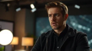 Professional male actor in dramatic television scene, intense emotional expression, studio lighting, contemporary indoor setting, professional cinematography style, no text or interface elements