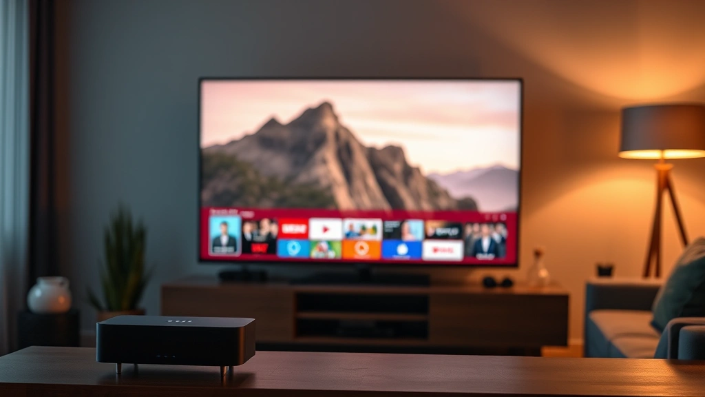 Modern streaming device and television display setup in living room, showing entertainment consumption context, contemporary home viewing space, warm ambient lighting, no visible screen content or text