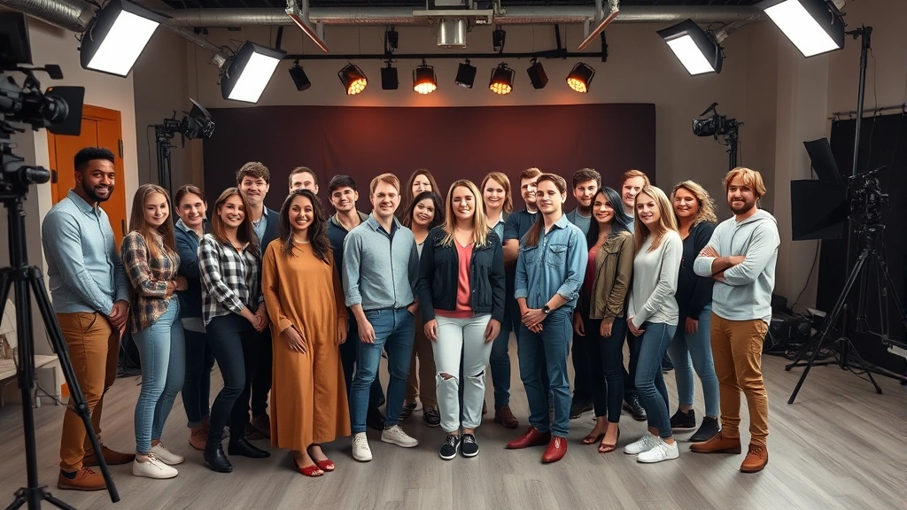 Diverse group of actors in contemporary casual clothing gathered in a modern film production studio space with professional lighting equipment, collaborative creative environment, warm and welcoming atmosphere, no faces clearly visible, focus on ensemble gathering dynamics