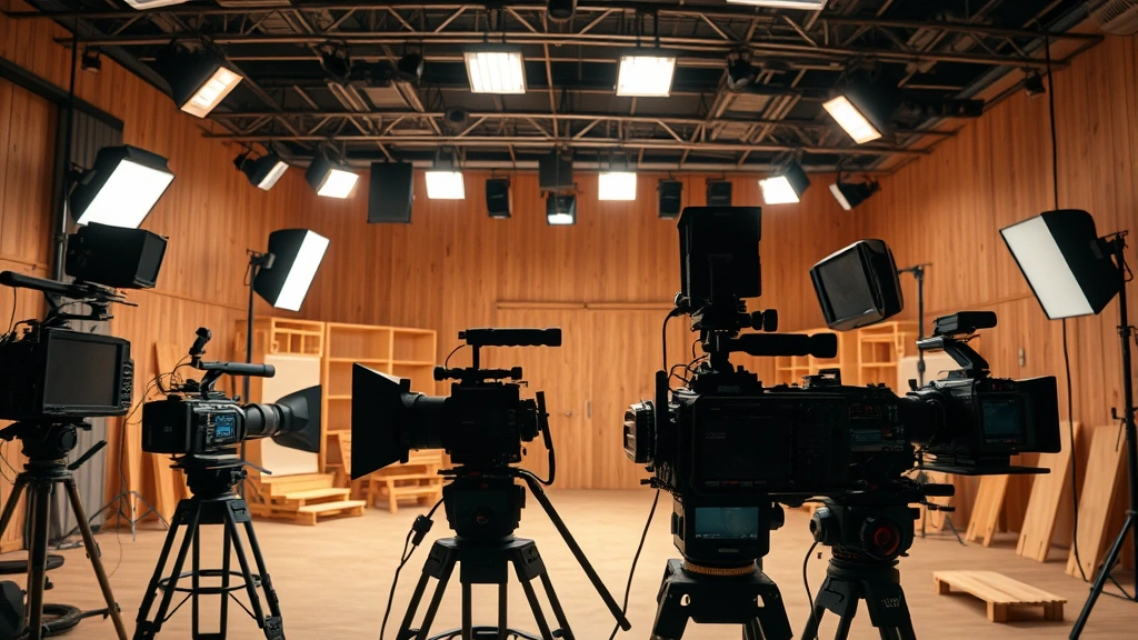 Film set with professional camera equipment, lighting rigs overhead, and wooden stage set pieces in warm neutral tones, production in progress aesthetic, technical film equipment prominently featured, no people or identifying information visible, professional cinema production environment