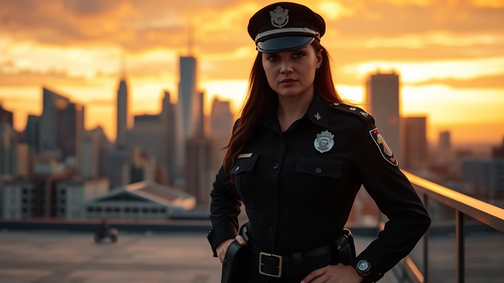 Professional female actor in police uniform on urban rooftop at sunset, confident posture, modern city skyline background, cinematic lighting, realistic detail