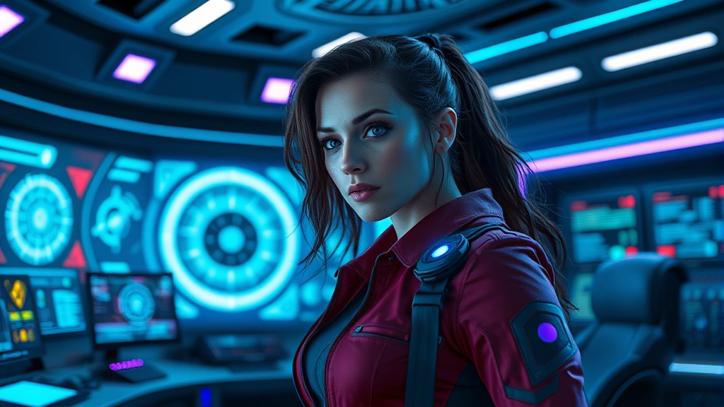 Female actor in futuristic command center setting with holographic displays, commanding presence, sci-fi aesthetic with blue and purple lighting, photorealistic