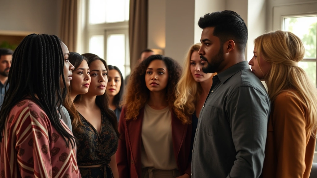 Group scene of diverse cast members in dramatic confrontation, emotional expressions, contemporary indoor setting with natural window lighting, realistic character interaction