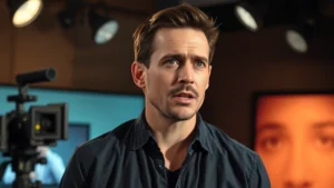 Professional male actor in dramatic scene on television set, intense emotional expression, studio lighting, film production environment, no visible text or graphics