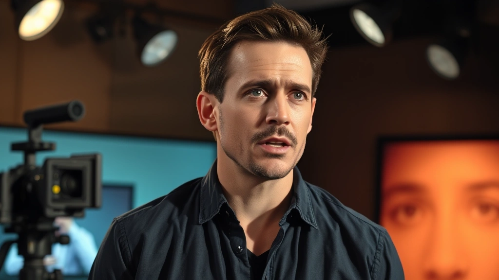 Professional male actor in dramatic scene on television set, intense emotional expression, studio lighting, film production environment, no visible text or graphics