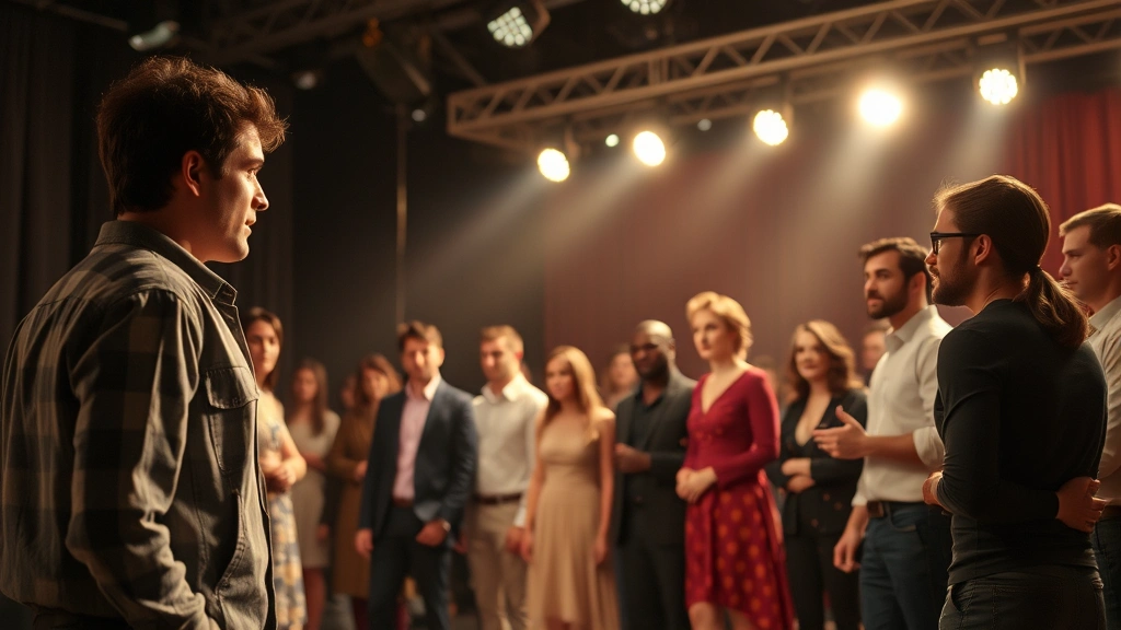 Actor performing in ensemble cast scene, multiple performers collaborating on stage, professional theater or television production setting, dramatic lighting setup