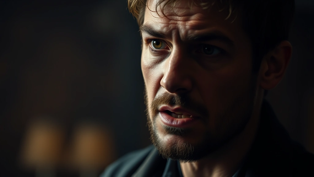 Professional male actor in dramatic scene with intense emotional expression, moody lighting, film production quality, photorealistic style, closeup portrait during emotionally charged moment