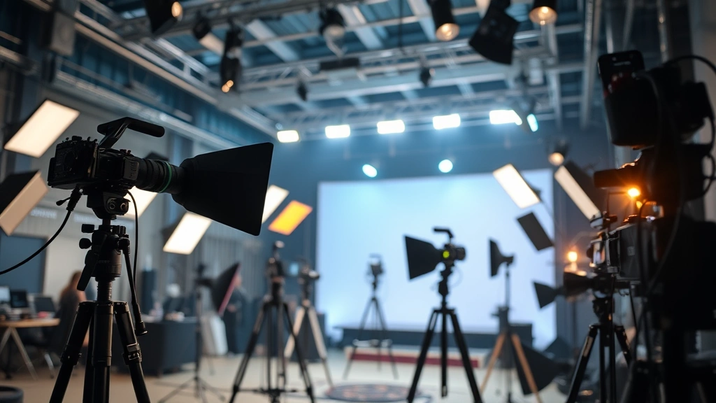 Film set interior showing professional cinema lighting rigs, camera equipment, and production setup in modern studio environment, cinematic depth of field, photorealistic