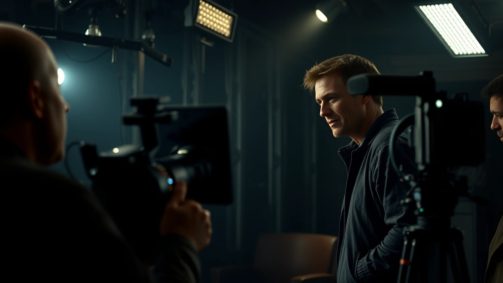 Dramatic film production scene with actor in character during intense moment, professional cinematography lighting, emotional performance capture, photorealistic contemporary drama