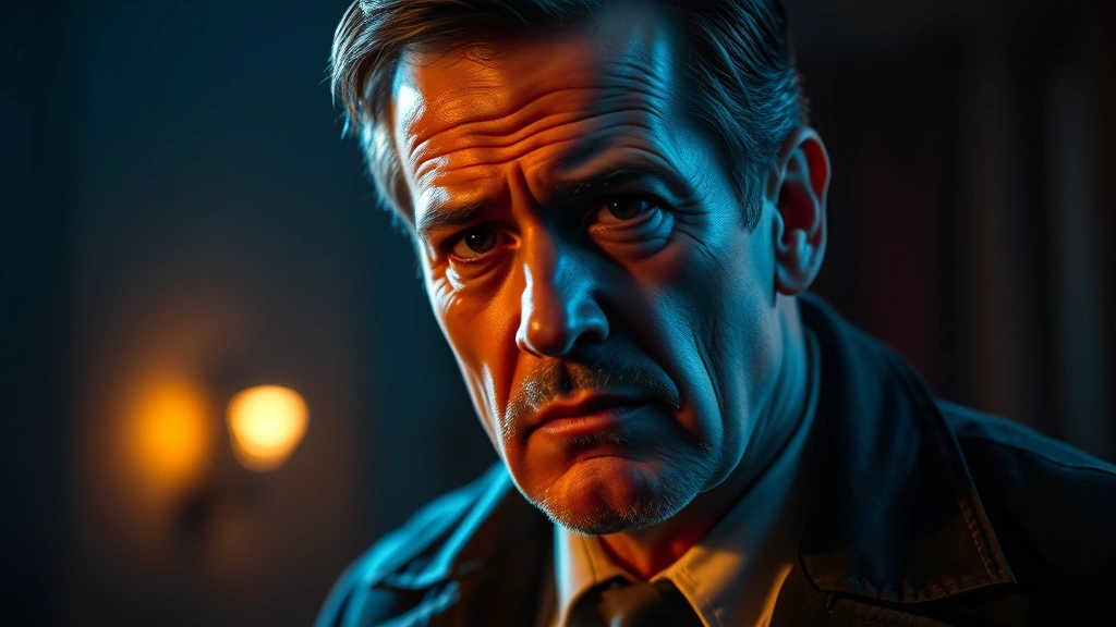 Professional male actor in his 40s performing intense dramatic scene with moody blue and amber theatrical lighting, serious facial expression, period costume suggesting 1950s-1960s era, shallow depth of field background, photorealistic cinematic quality