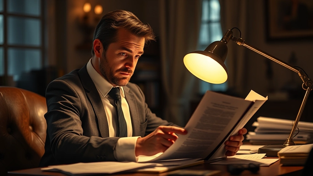Actor in formal attire studying screenplay script with concentrated focus, warm desk lamp lighting, papers and notes scattered on desk, thoughtful expression, warm color grading, intimate indoor setting