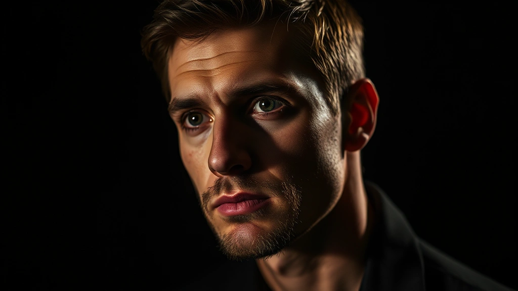 Contemplative male actor in dramatic lighting setup with shadows emphasizing facial features, intense gaze directed outward, professional studio photography style, moody atmosphere with film noir influences