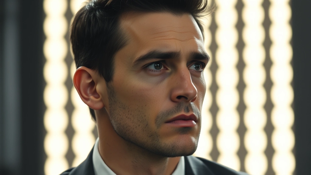 Professional male actor in dramatic scene, intense facial expression, studio lighting, modern television production quality, serious character moment without dialogue