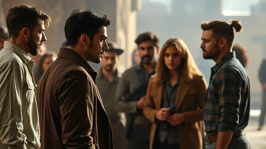 Actor in ensemble cast scene, multiple performers interacting, dramatic tension, professional cinematography, television quality production, character interaction focus