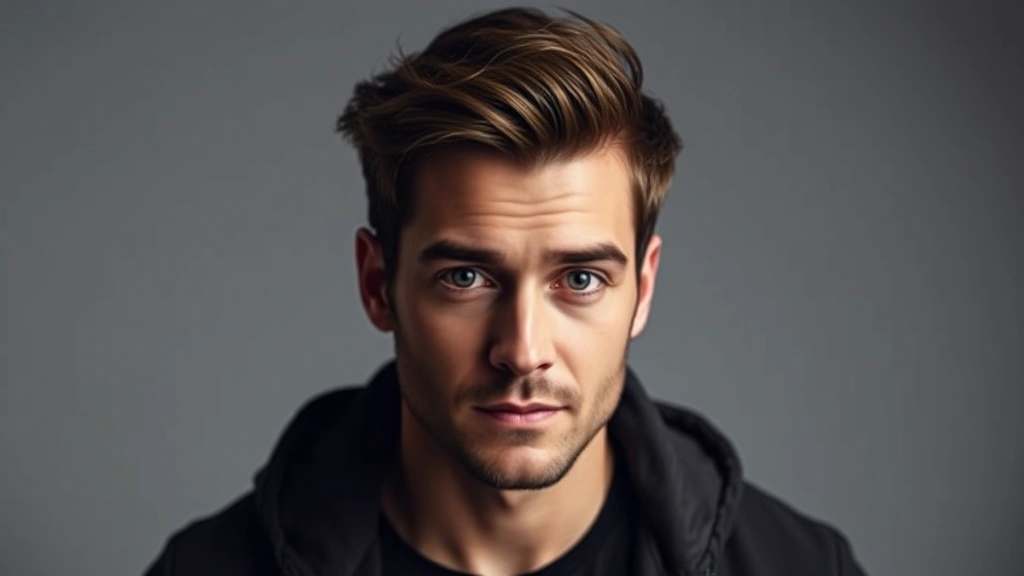 Male performer in professional headshot style, confident expression, neutral background, dramatic lighting, contemporary entertainment industry standard photography