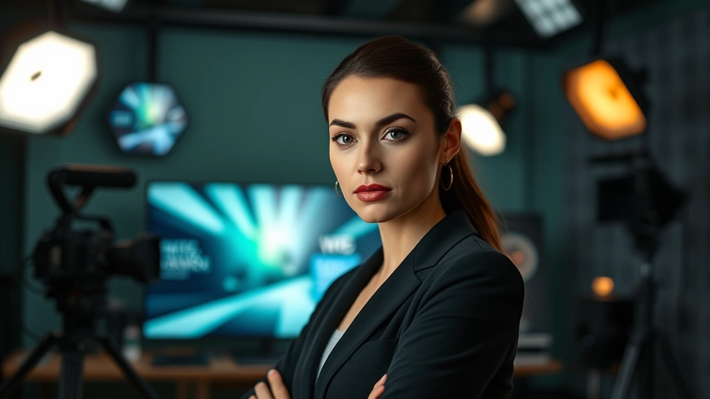 Professional woman actress in modern studio setting, confident pose, contemporary lighting, serious expression, digital media background with soft focus screens and production equipment, photorealistic cinematography