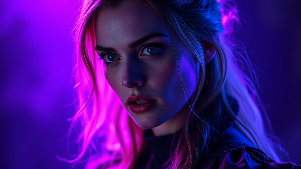 Female performer in character makeup for supernatural drama scene, dramatic lighting with purple and blue tones, intense emotional expression, professional costume design, theatrical atmosphere without text or dialogue visible