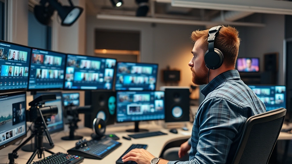 Entertainment industry professional at modern workspace with streaming and digital media equipment, collaborative creative environment, multiple monitors and production tools, contemporary office setting, focus on professionalism and technology integration