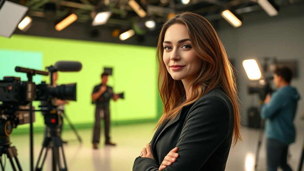 Professional female actor in modern television production studio with multiple cameras, professional lighting rigs, and production crew in soft focus background, photorealistic contemporary entertainment environment