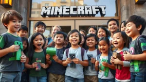Diverse children and teenagers gathered around a movie theater entrance, excited expressions, holding Minecraft toy figures and merchandise, natural daylight, photorealistic digital rendering