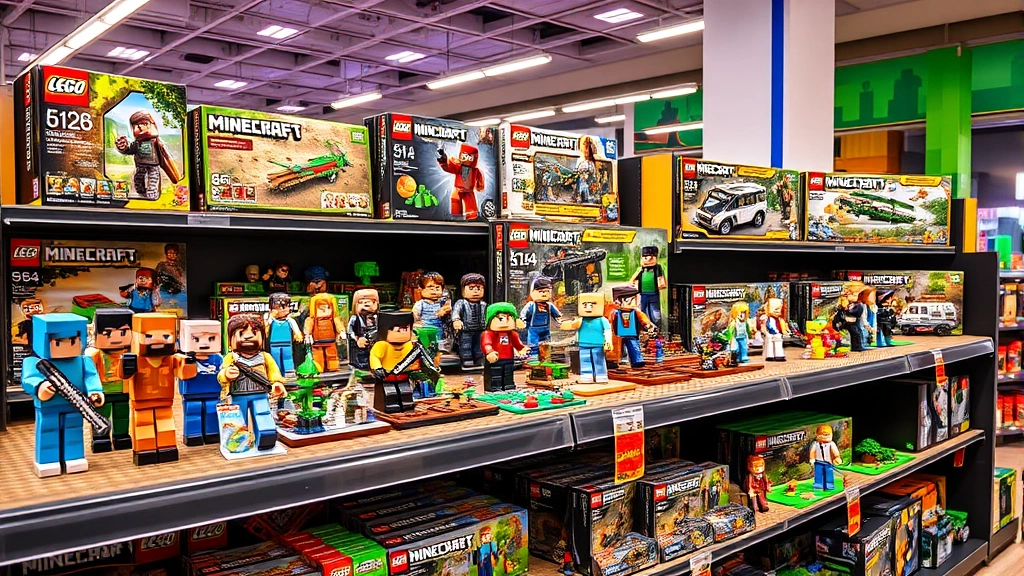 Colorful array of Minecraft action figures and building sets displayed on retail shelves, blocky aesthetic toys, vibrant lighting, modern toy store environment, photorealistic product photography style