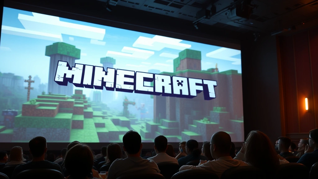 Large cinema screen displaying Minecraft movie imagery, audience silhouettes watching in theater seats, popcorn and beverages visible, warm theater lighting, cinematic photorealistic composition
