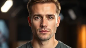 Professional headshot of male actor in dramatic lighting, serious expression, television studio setting in soft focus background, 50mm lens depth of field, modern professional photography style, no visible text or branding