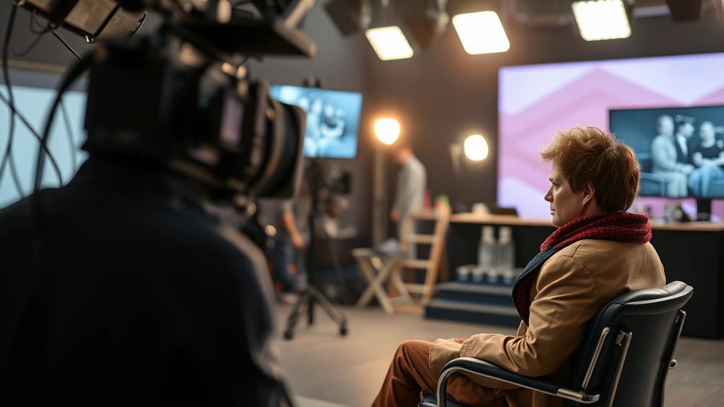 Behind-the-scenes television production set with actor in costume and makeup chair, professional lighting equipment visible but blurred, modern TV studio environment, cinematic documentary style photography, no visible screens or text